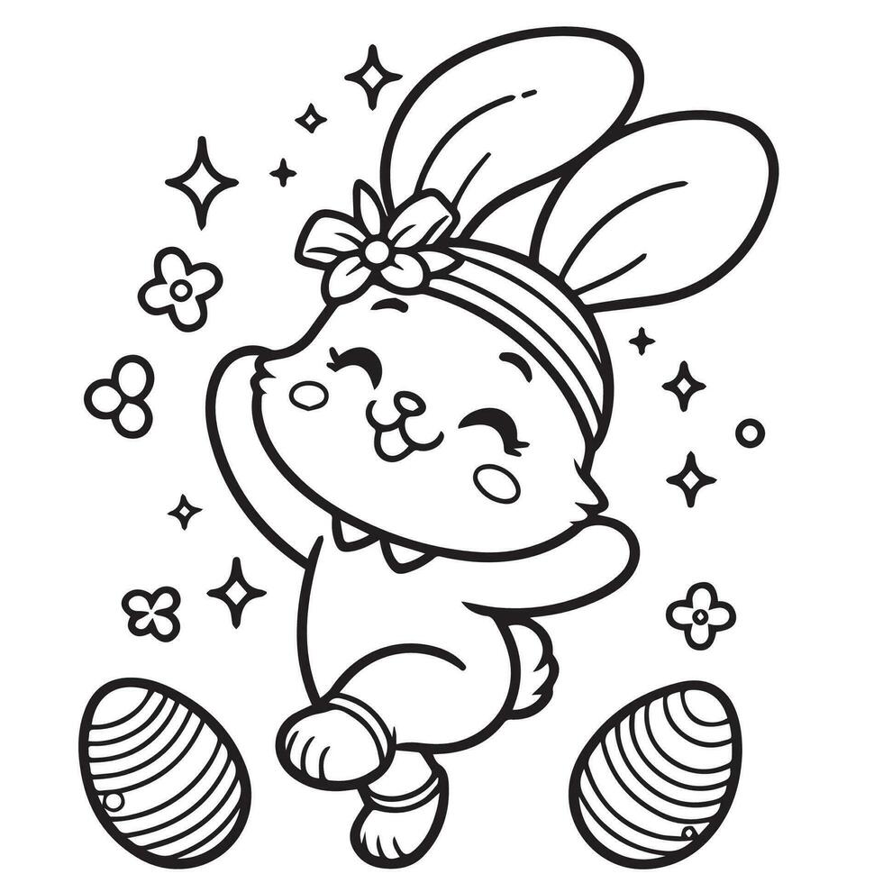 Dancing Easter bunny with decorative eggs, flower, star black and white line drawing. EASTER SUNDAY SPECIAL vector