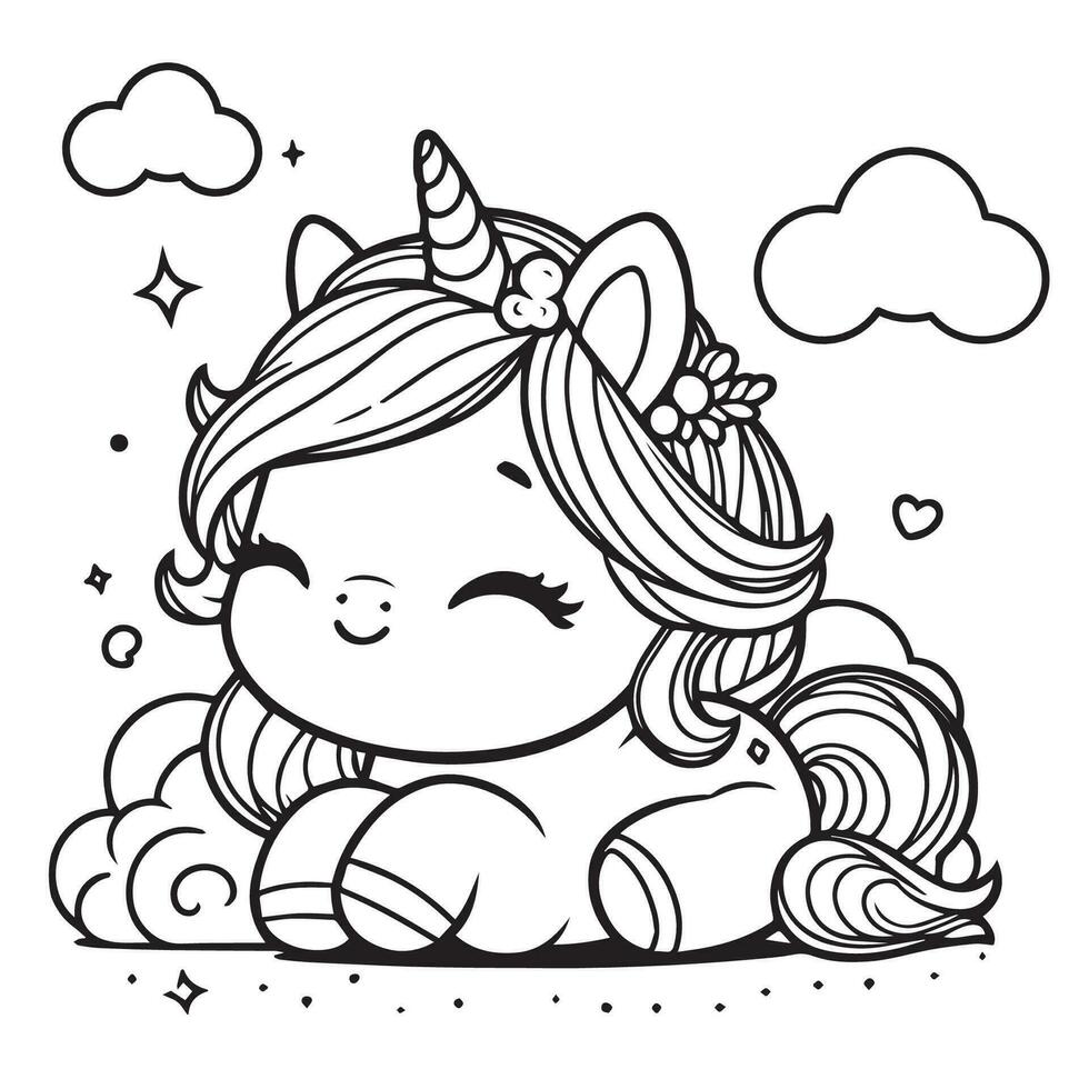 Cheerful cute baby Cartoon Unicorn with on cloud. Black and white linear art. For children's design of coloring books, stickers, cards, prints, posters, puzzles vector