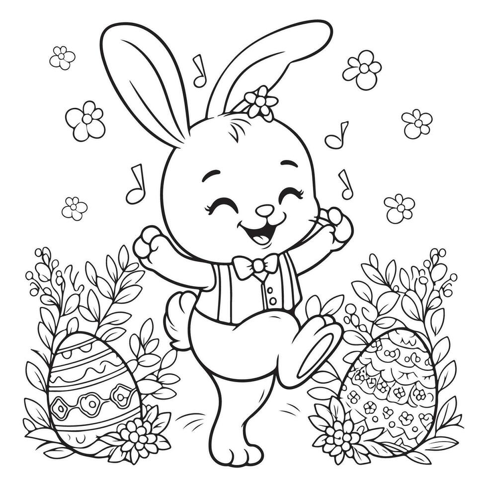 Dancing Easter bunny with decorative eggs, flower, star black and white line drawing. EASTER SUNDAY SPECIAL vector