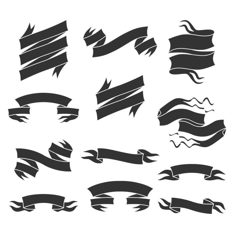 Set of ribbons banners line art black and white vector