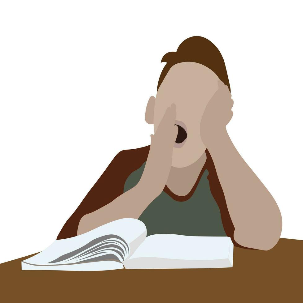 Young man yawning and sleepy while reading a book at a wooden table vector