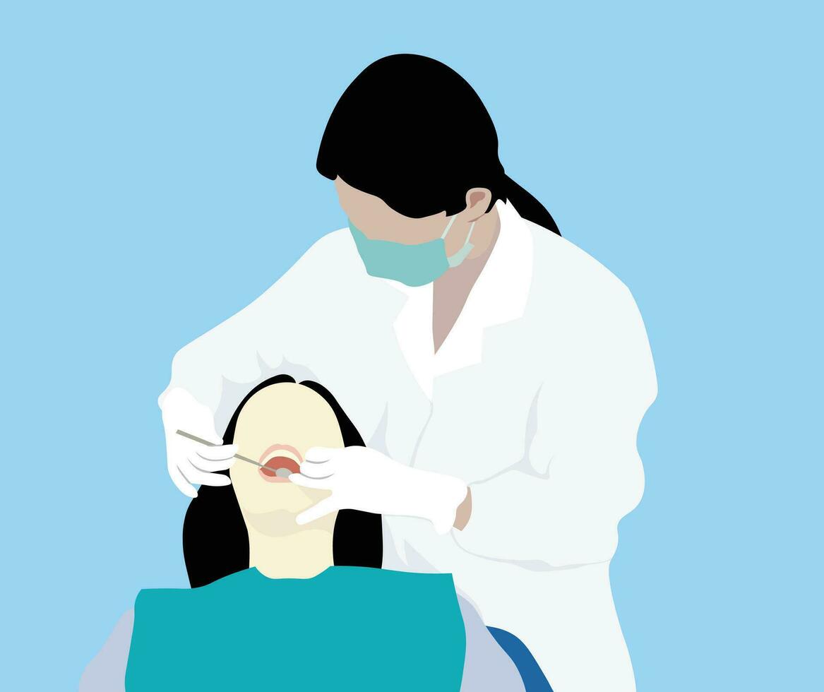 Female dentist is examining patients teeth vector