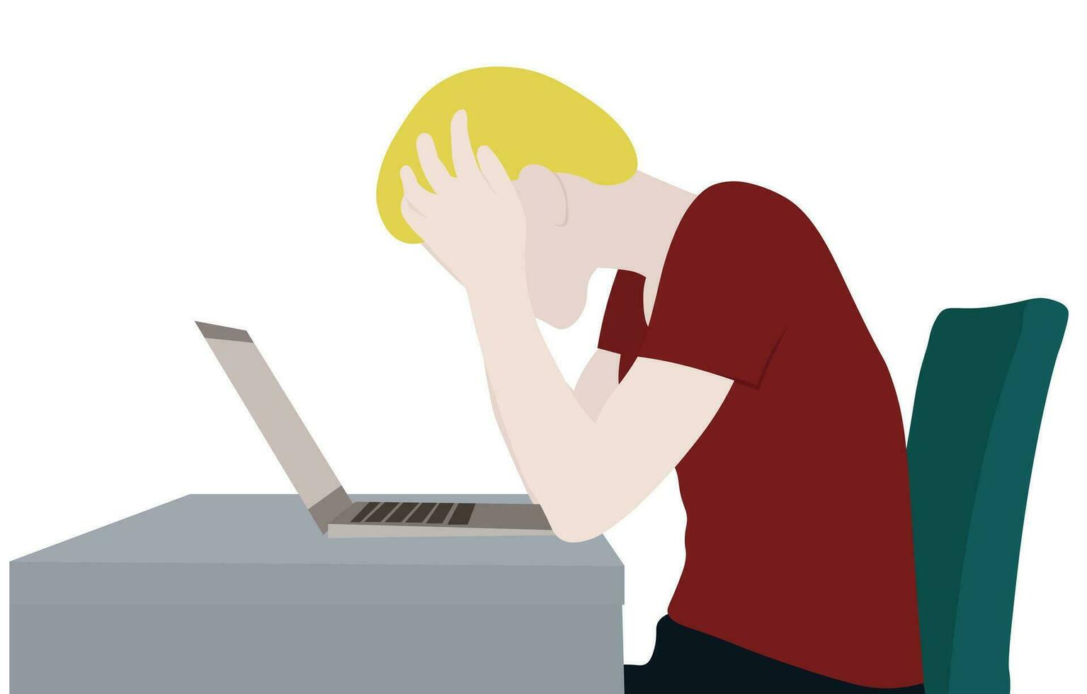 Blonde man was holding his head because he was was dizzy in front of his laptop vector