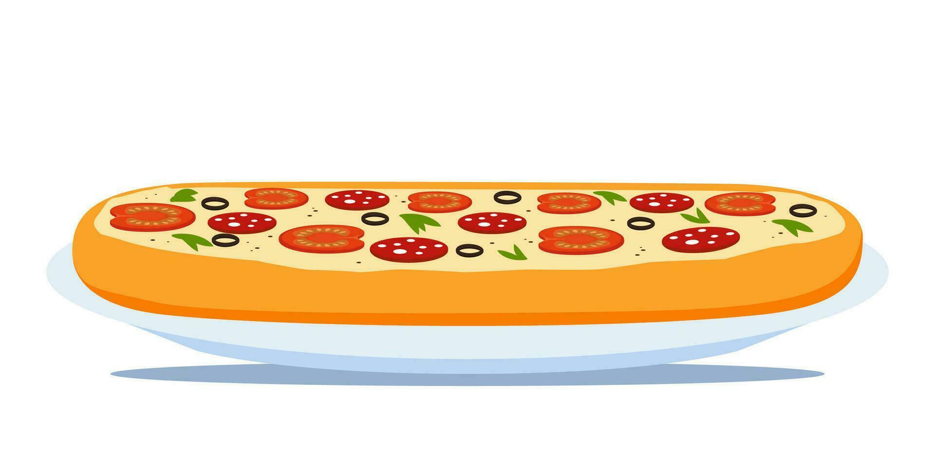 Side view pizza with various ingredients. Whole pizza on plate. Italian pizza. Italian traditional food. Vector illustration.