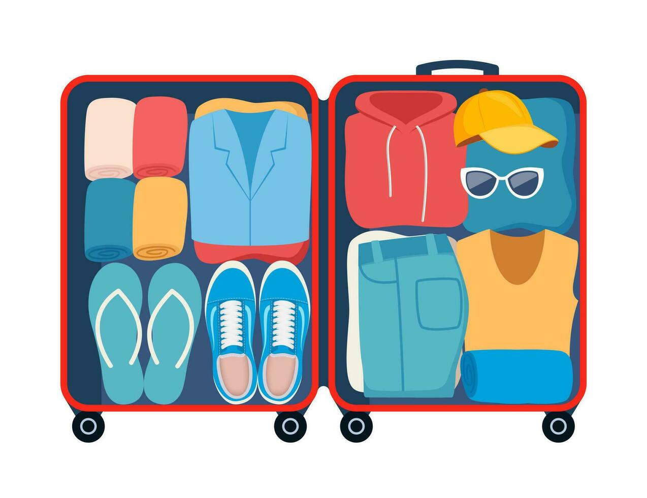 Suitcase with packed clothes for travel in top view. Clothing, footwear and accessories. Personal belongings in luggage, going on vacation, journey or business trip. Vector illustration.
