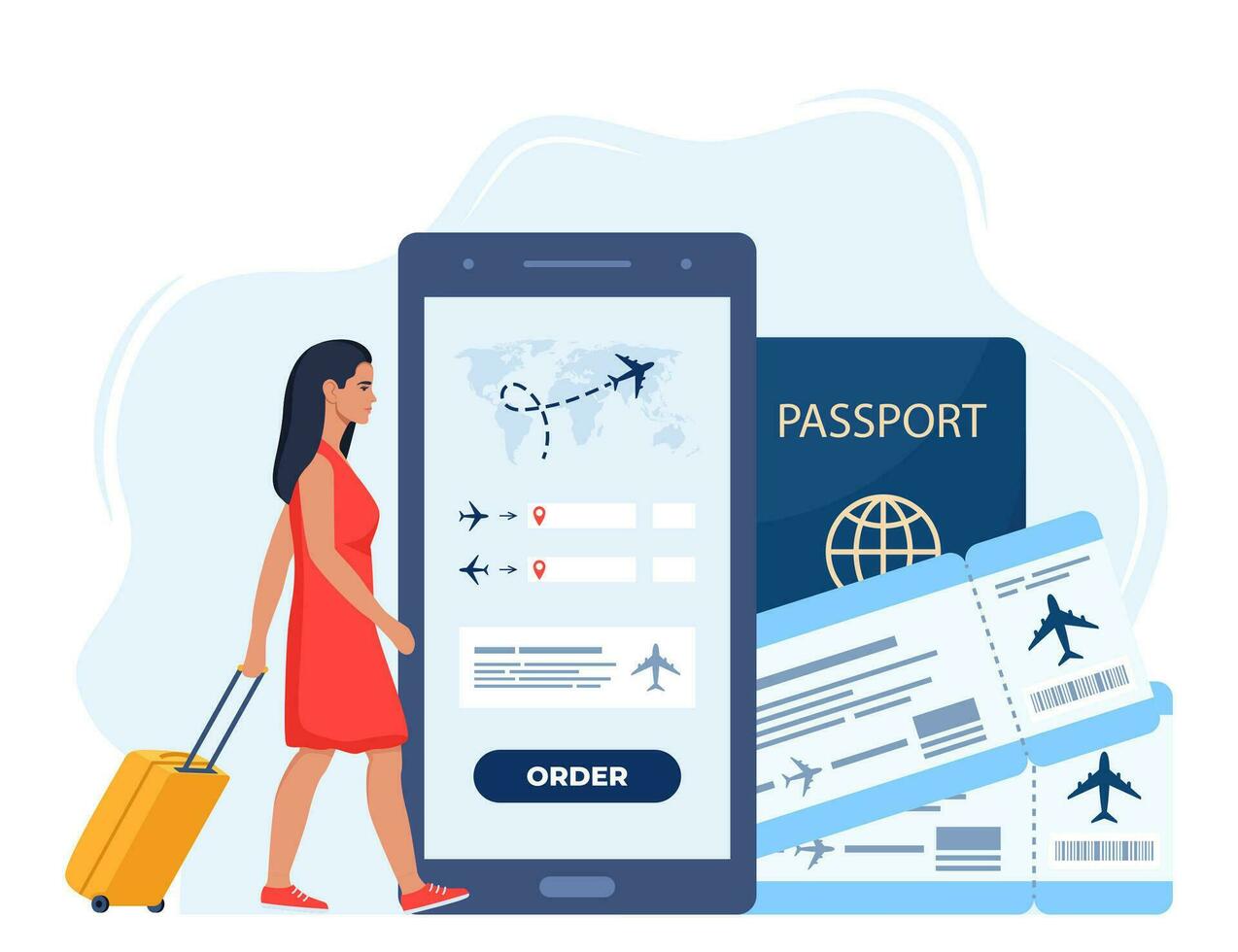 Mobile app for buying ticket with smartphone. Booking flights travel. Air tickets, passport, woman walking with suitcase. Travel, journey, business trip. Vector illustration.