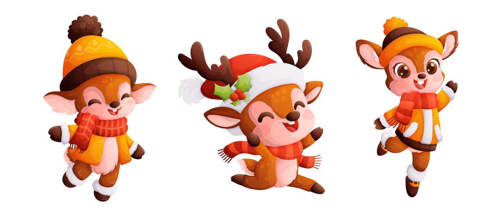 Set of three cute Christmas reindeer. Little happy deer in winter clothes, a warm hat and scarf. Dynamic poses, colorful detailed Cartoon style . vector