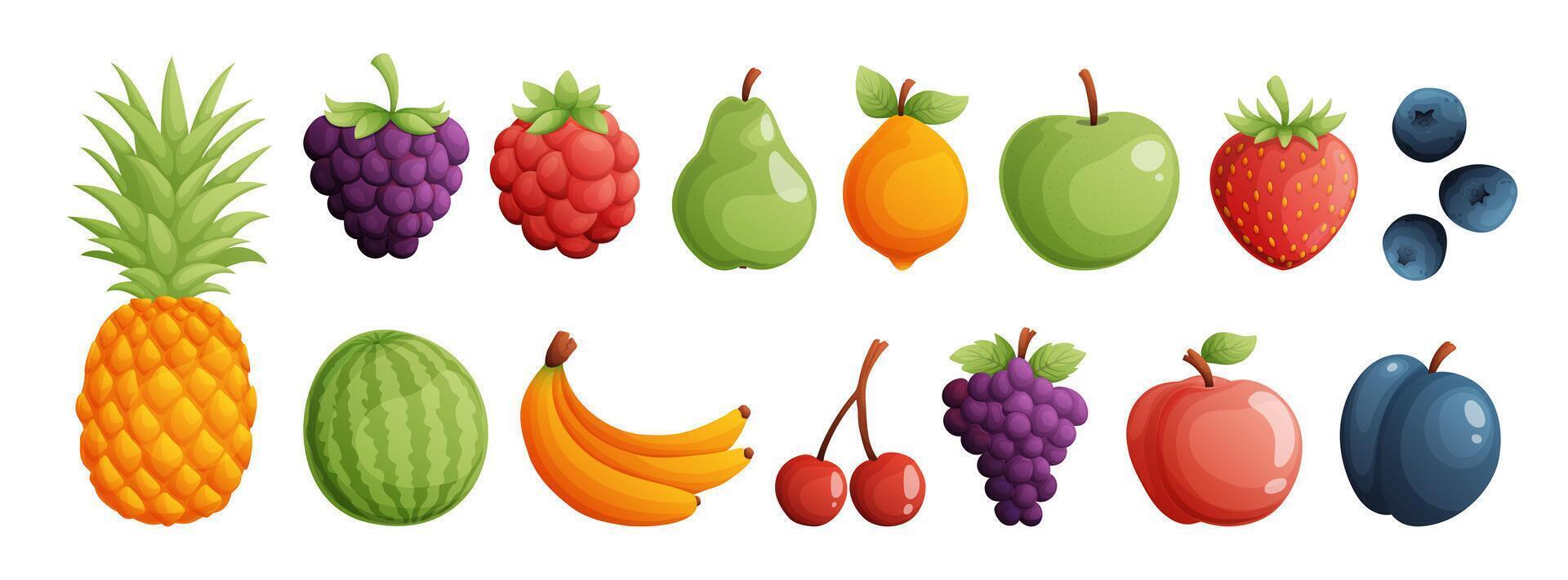 un conjunto de frutas consistente de piña, frambuesa, arándano, pera, limón y manzana. fresa, arándano, sandía, banana, cereza, uva, melocotón y ciruela. detallado dibujos animados estilo vector. vector