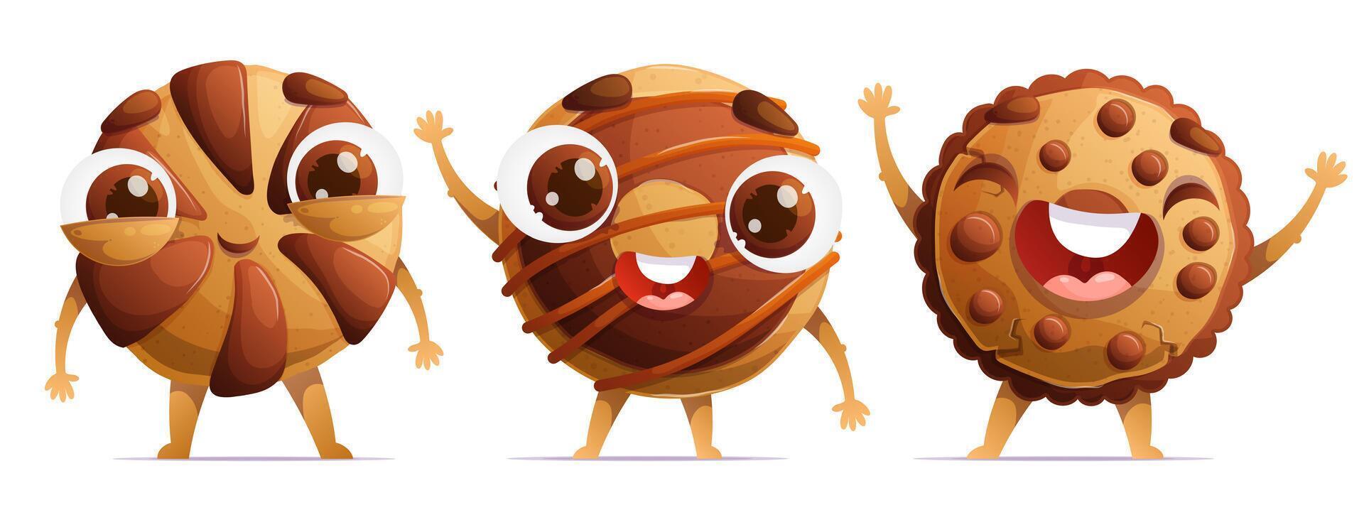 A set of three cute characters in the form of traditional cookies. Little happy shortbread cookies with chocolate chips. Dynamic poses, colorful detailed Cartoon style . vector