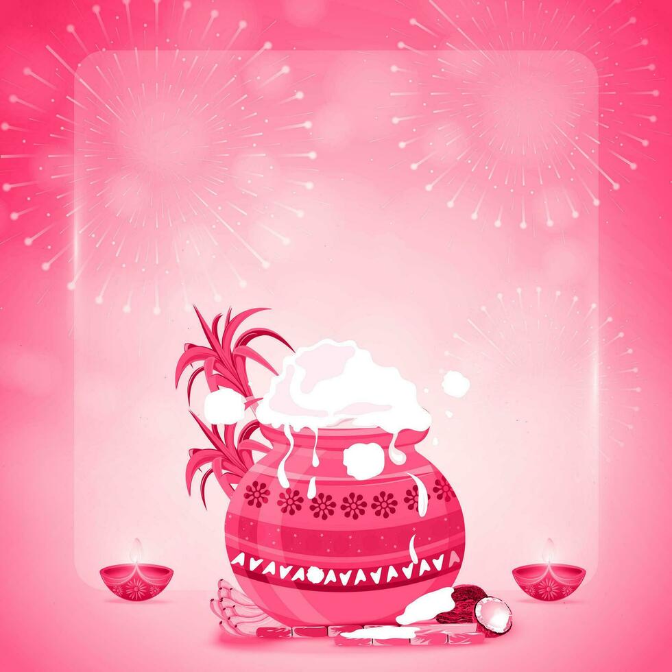 Happy Pongal festival greeting card with rice bowl and fireworks background vector