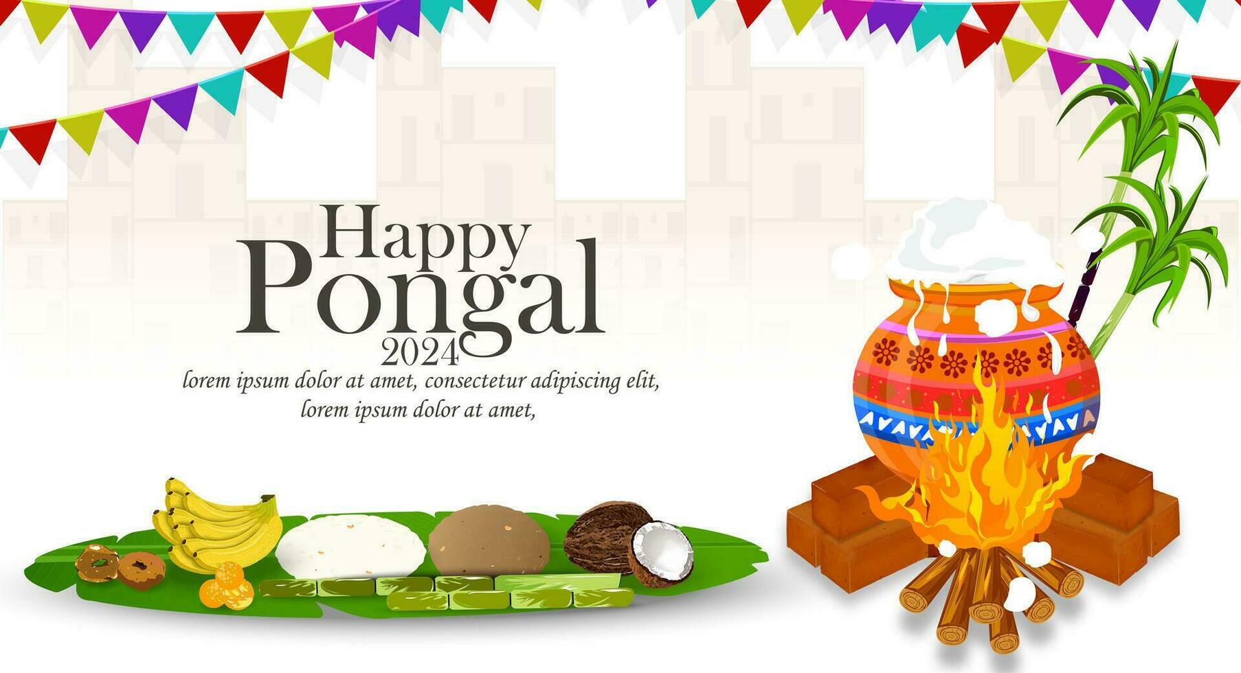 Happy Pongal Festival of India banner design template with traditional food. Vector illustration
