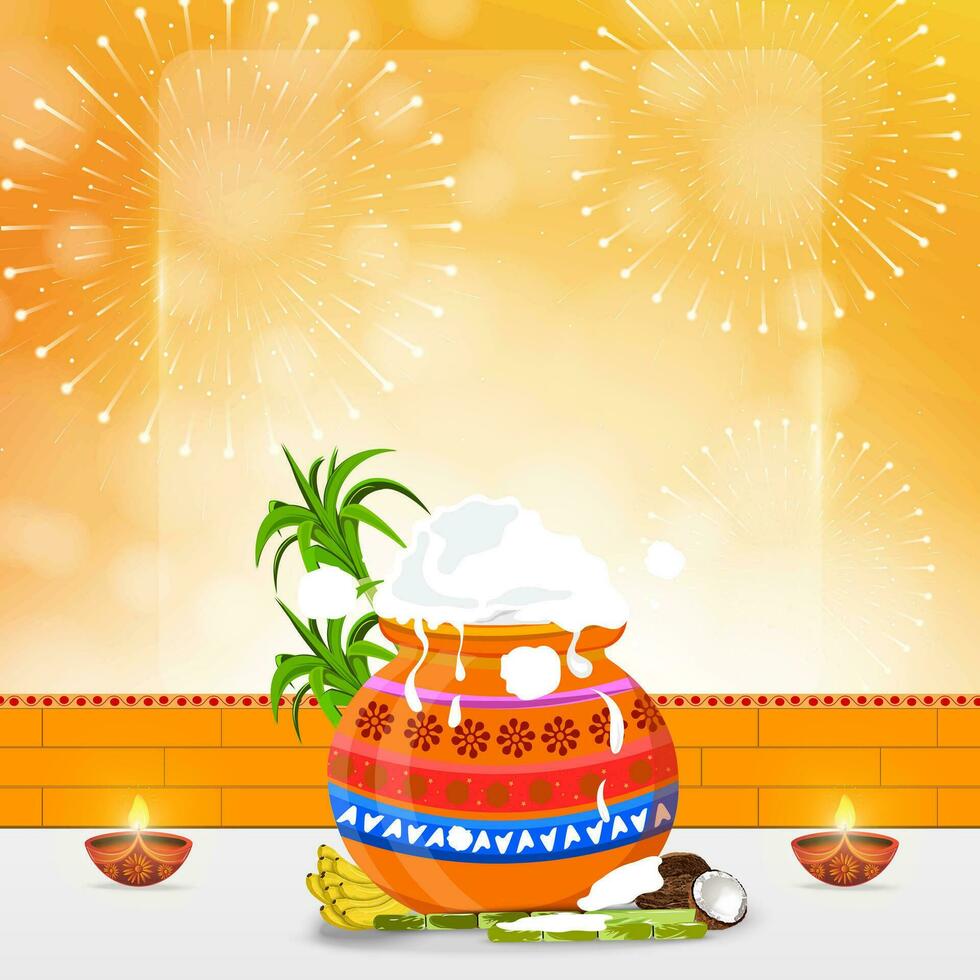 Vector illustration of Happy Pongal Festival Celebration background with fireworks.