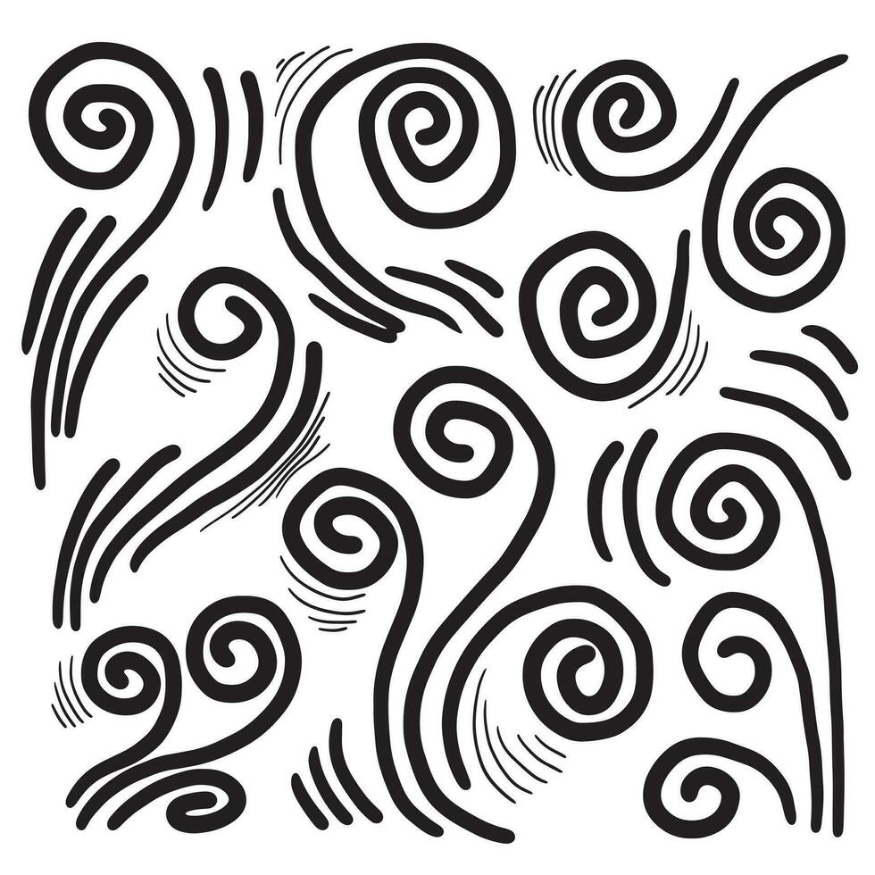 Doodle wind line sketch set. Hand drawn doodle wind motion, air blow, swirl elements. Sketch drawn air blow motion, smoke flow art, abstract line. vector