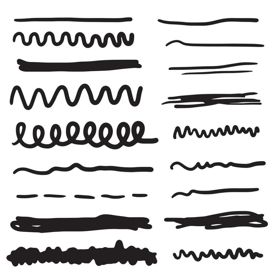 Set of lines, hand drawn dividers, doodle underlines, different thickness brush stripes. Vector illustration of scribble lines.