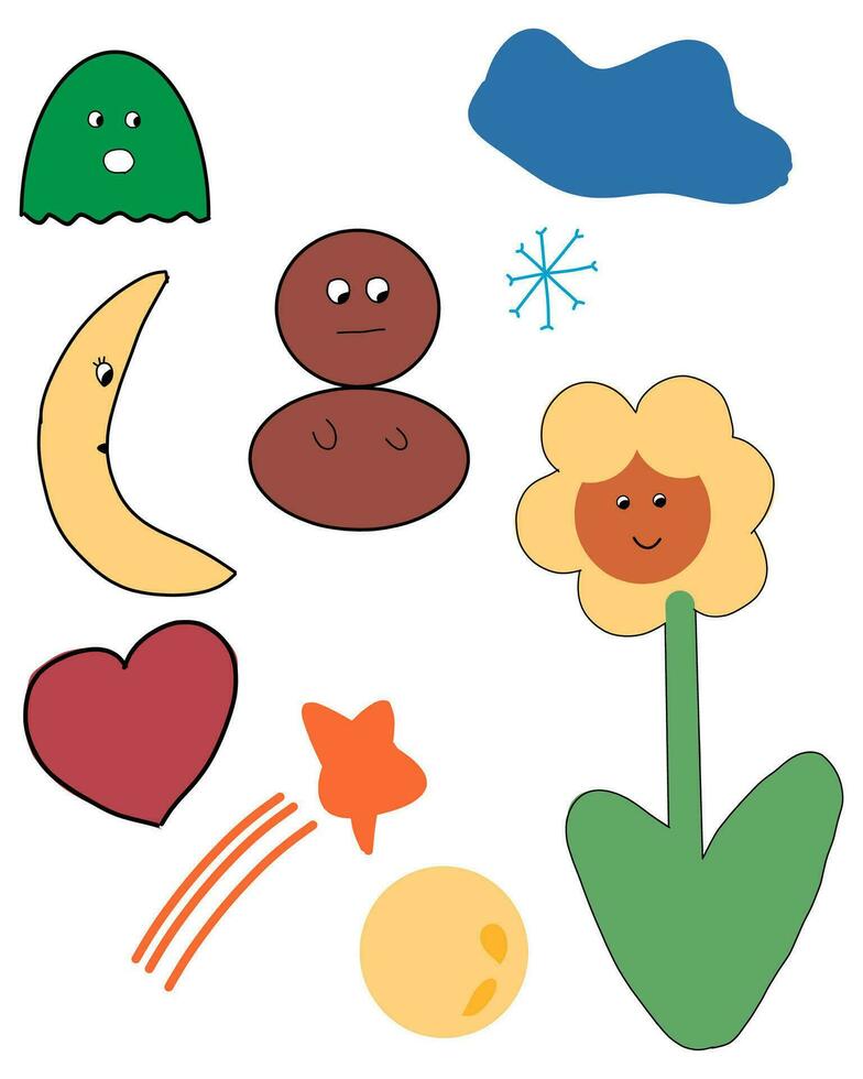 children drawing illustrations. random natural objects vector