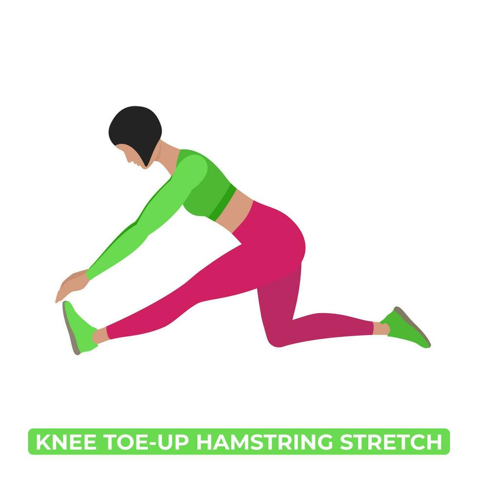 Vector Woman Doing Kneeling Toe Up Hamstring Stretch. An Educational Illustration On A White Background.