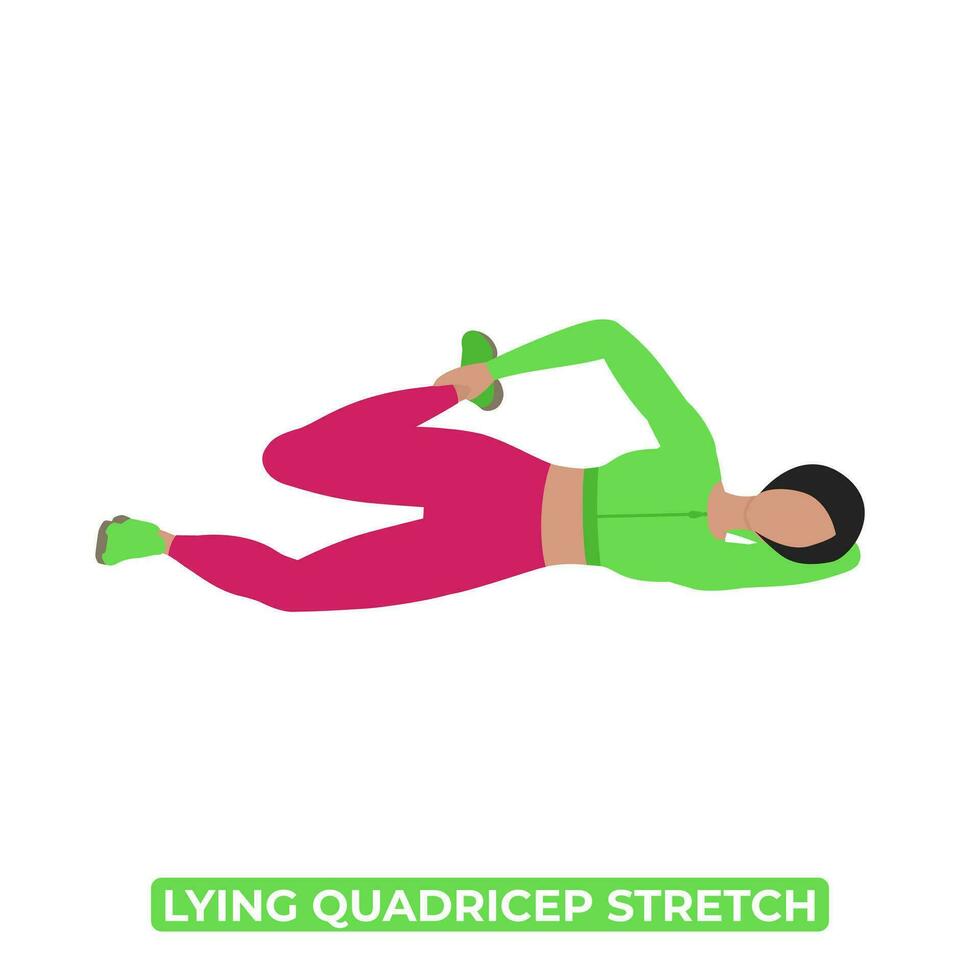 Vector Woman Doing Side Lying Quadricep Stretch. An Educational Illustration On A White Background.