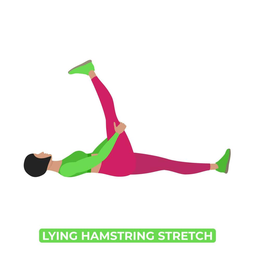 Vector Woman Doing Lying Hamstring Stretch. An Educational Illustration On A White Background.