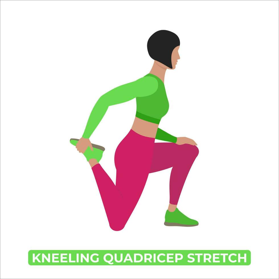 Vector Woman Doing Kneeling Quadricep Stretch. An Educational Illustration On A White Background.
