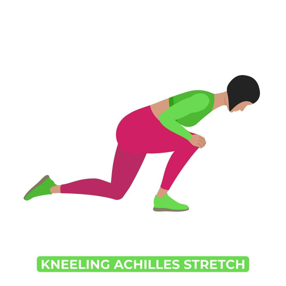Vector Woman Doing Kneeling Achilles Stretch. An Educational Illustration On A White Background.