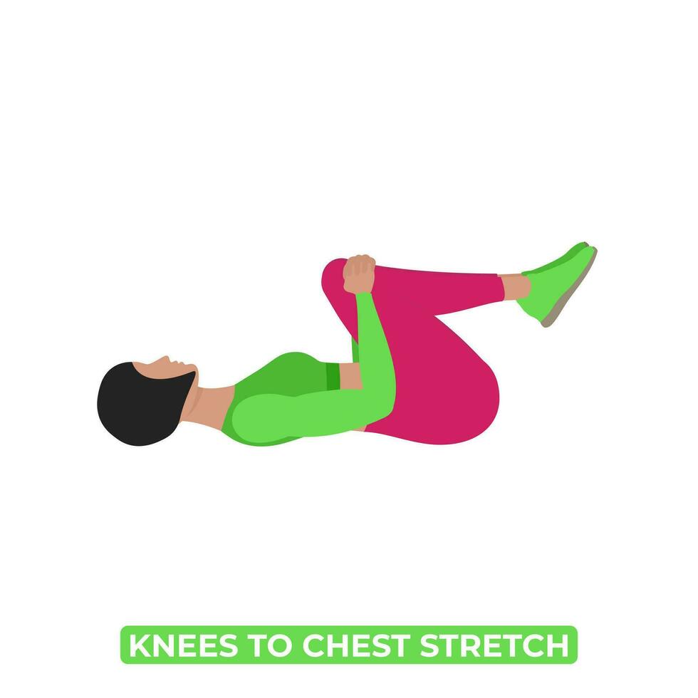 Vector Woman Doing Double Knee To Chest Stretch. An Educational Illustration On A White Background.