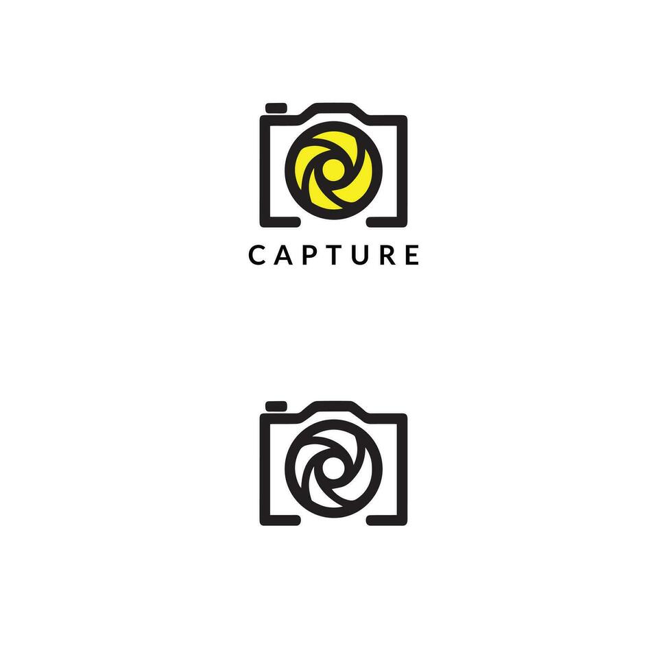 Creative Logo Design for a Photography Brand Showcasing a Camera and Stylized Aperture vector