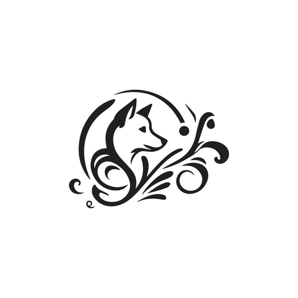 Elegantly Crafted Canine Silhouette Embraced by Swirling Botanical Accents vector