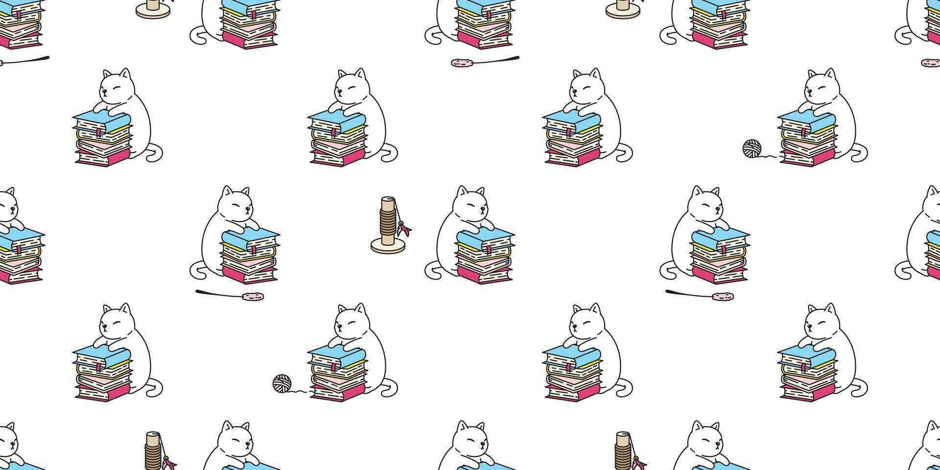 cat seamless pattern vector kitten book calico toy yarn ball scarf isolated cartoon tile wallpaper repeat background illustration design