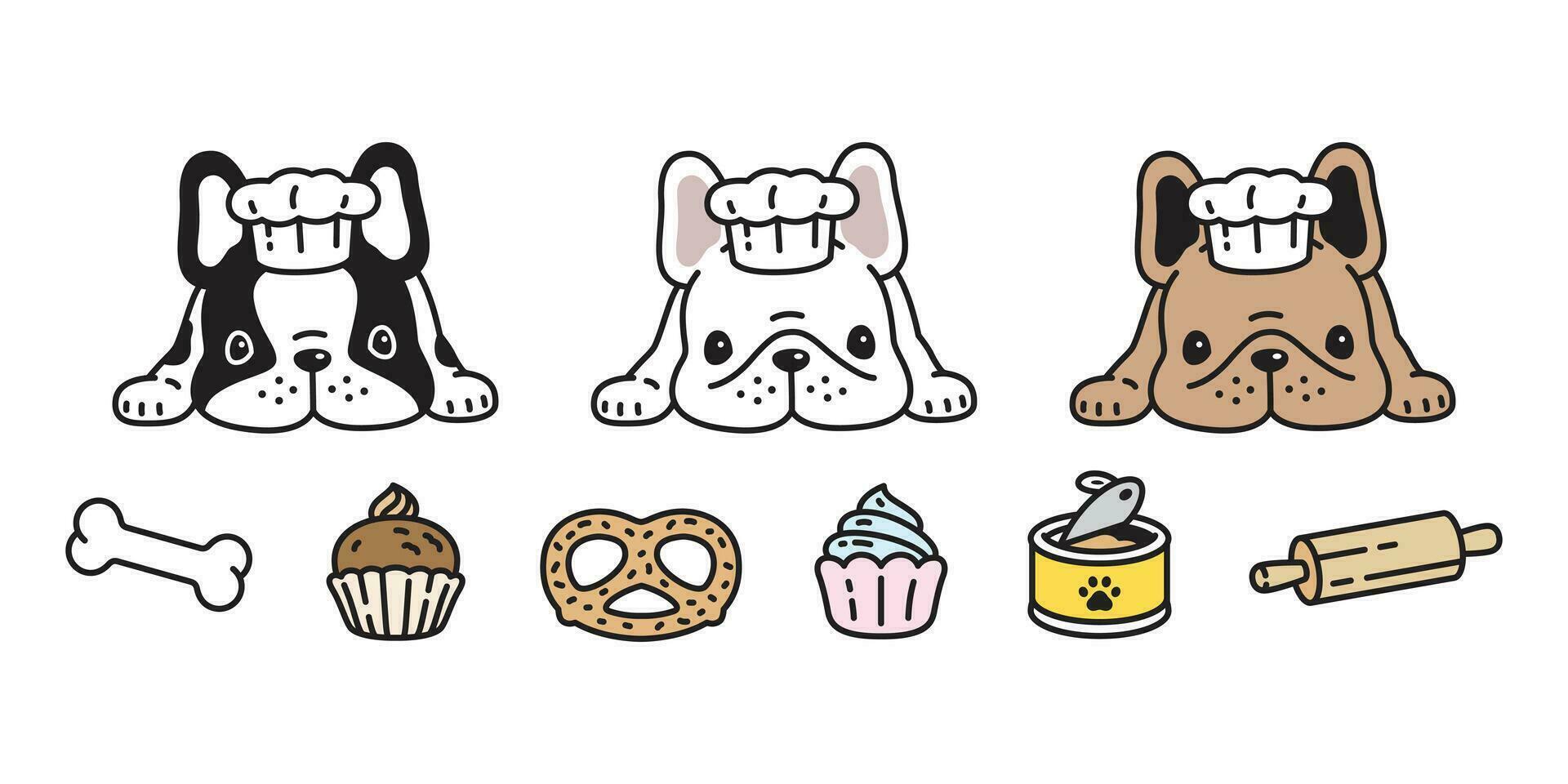 perro vector francés buldog icono cocinero panadería Cocinando comida hueso perrito mascota dibujos animados personaje pastel símbolo raza ilustración diseño
