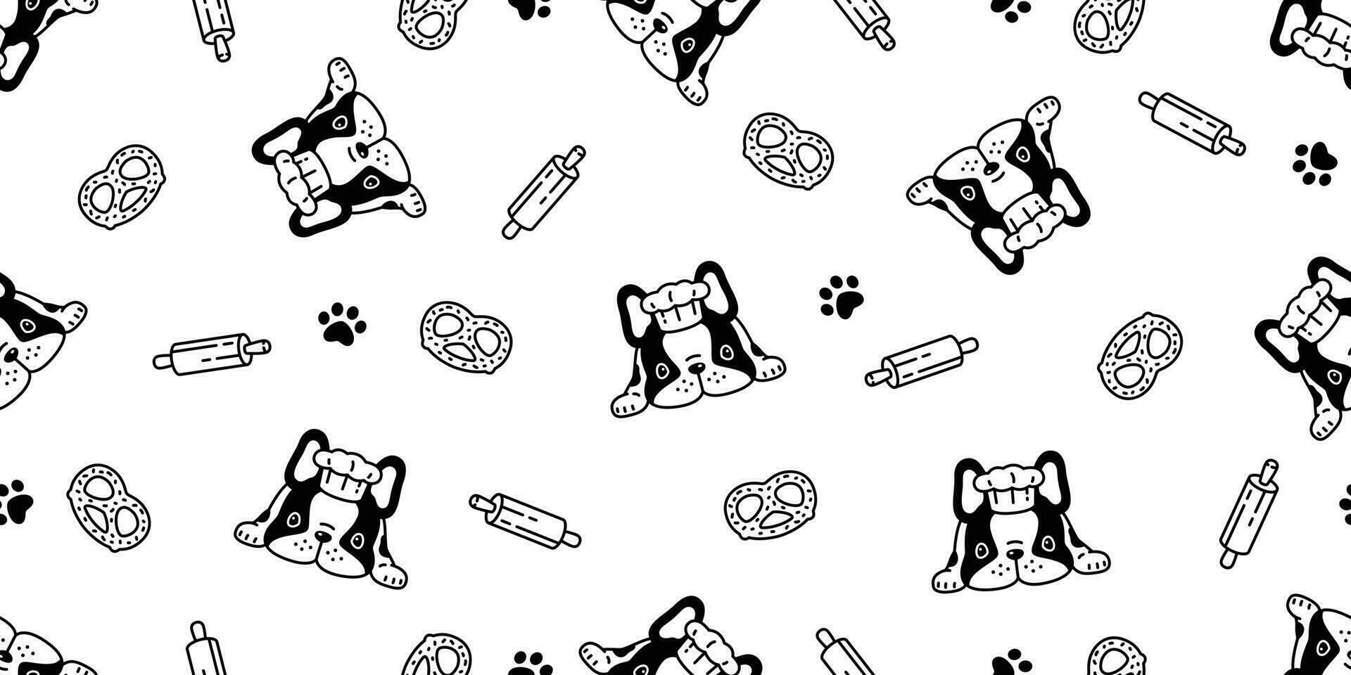 dog seamless pattern french bulldog vector chef bakery paw footprint pretzel bone pet food cooking scarf isolated cartoon repeat background tile wallpaper illustration white design