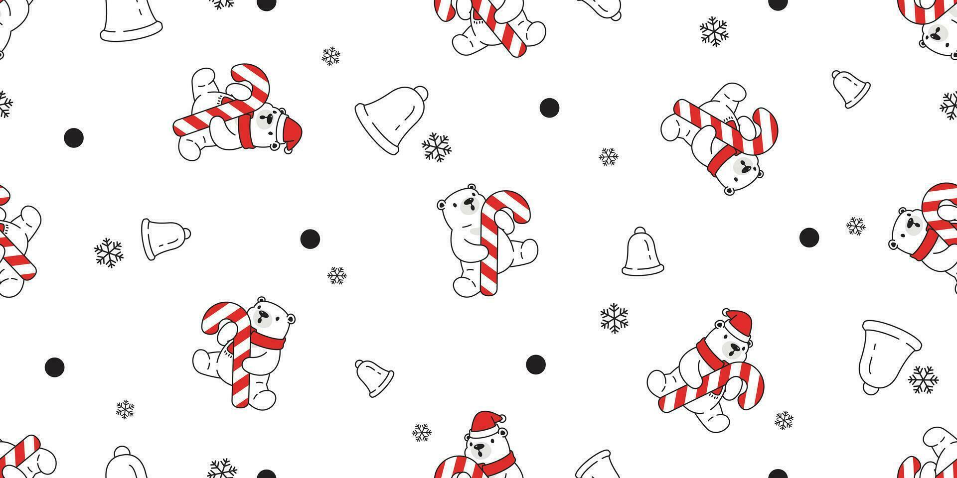 bear seamless pattern Christmas polar bear vector Santa Claus hat candy cane bell snowflake scarf isolated repeat wallpaper teddy cartoon tile background illustration doodle design