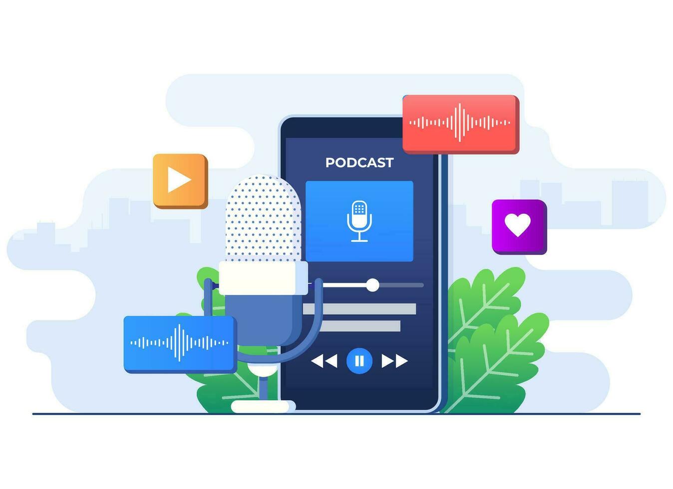 audio podcast concepto plano ilustración vector plantilla, podcast móvil solicitud interfaz en teléfono inteligente pantalla para escuchando a música, radio y podcasts, música jugador