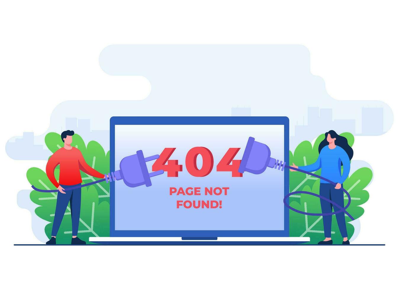 404 error, System error, Broken page, People trying to connect disconnected wires from the outlet, Cable and socket, Page not found concept flat illustration vector template for web design, website