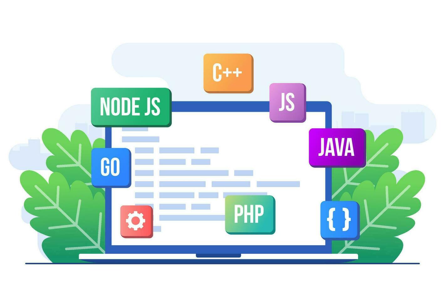 Web development concept flat illustration vector template,  Application design, Coding and programming on a laptop with programming languages, Testing website, Coding process, Analytics data