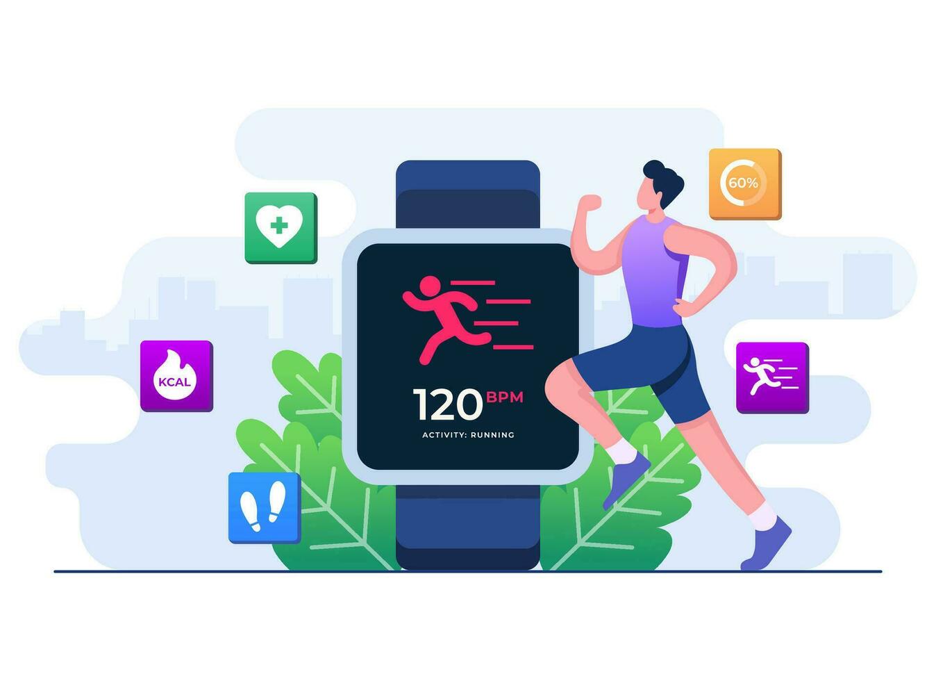 Runner monitoring his heart rate in smartwatch, Workout, Fitness and health concept, Fitness app, wrist-worn device, Training, Sports exercises vector