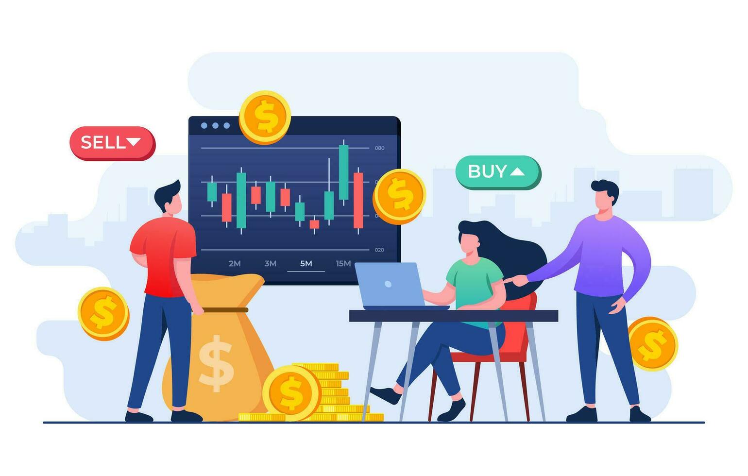 People analyzing candlestick charts and Stock market statistics, Stock trading, Economic growth, Business investment, Stock market trends, Technical analysis strategy, Business profits calculation vector