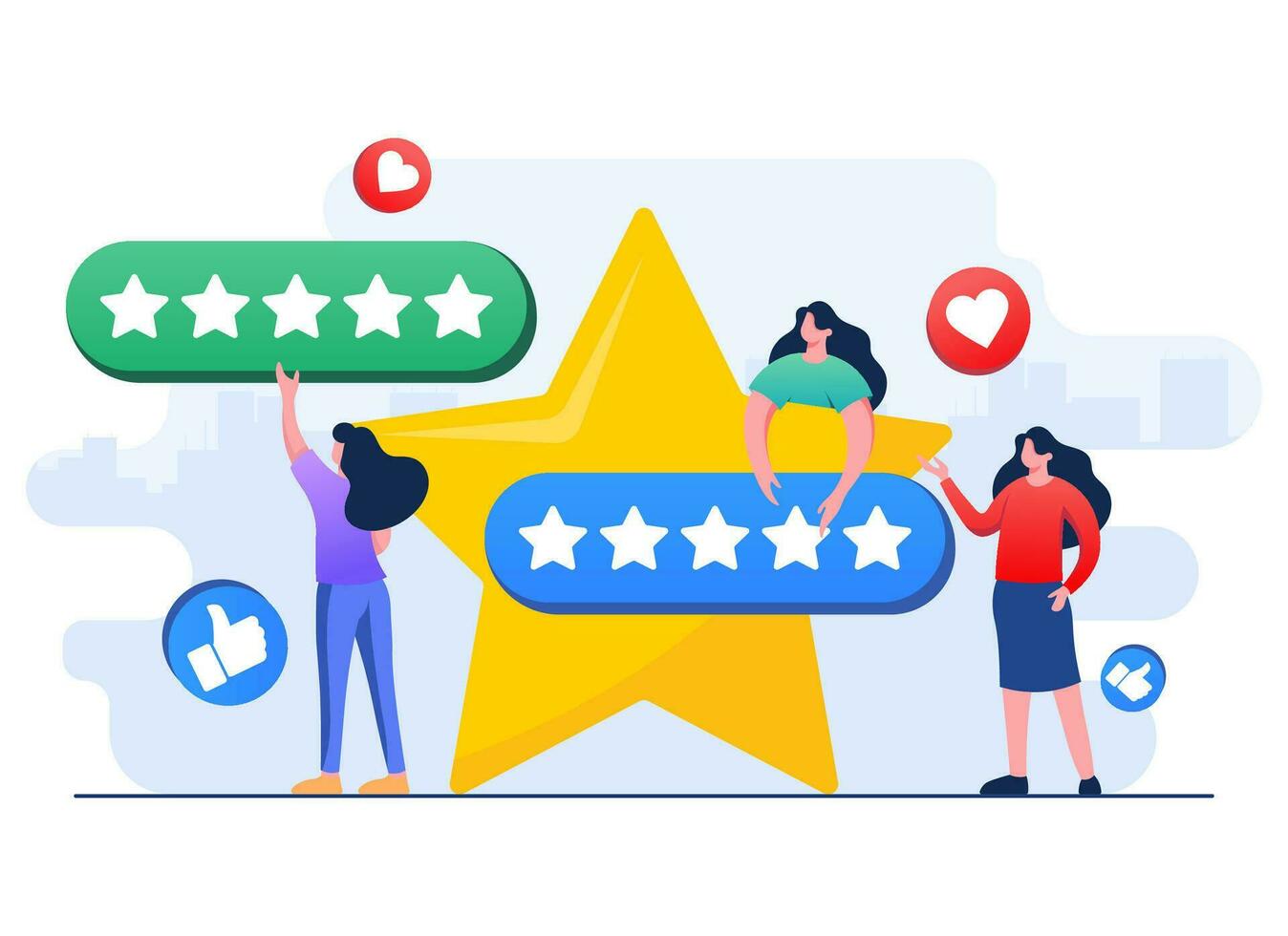 Happy customers leaving positive feedbacks to product, service, app, website, Ratings and review concept flat vector illustration, Satisfaction level, User experience, recommendations, Survey