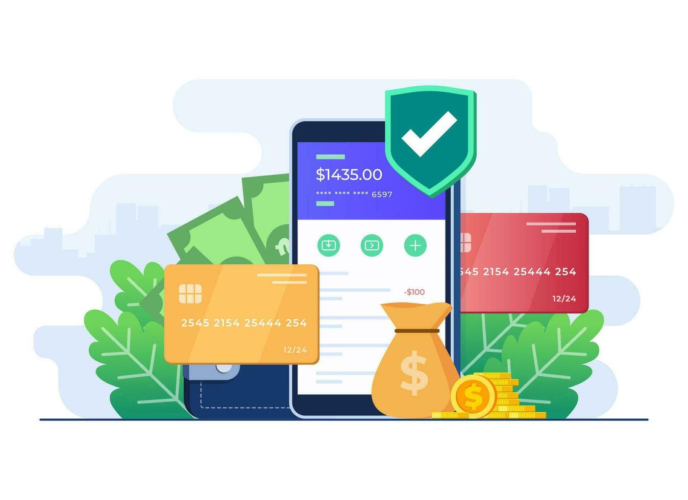 Online banking concept flat illustration vector template, Secure mobile banking app, Internet money transfer, E-banking, E-wallet, Sending and receiving money, Digital payment, Credit or debit card