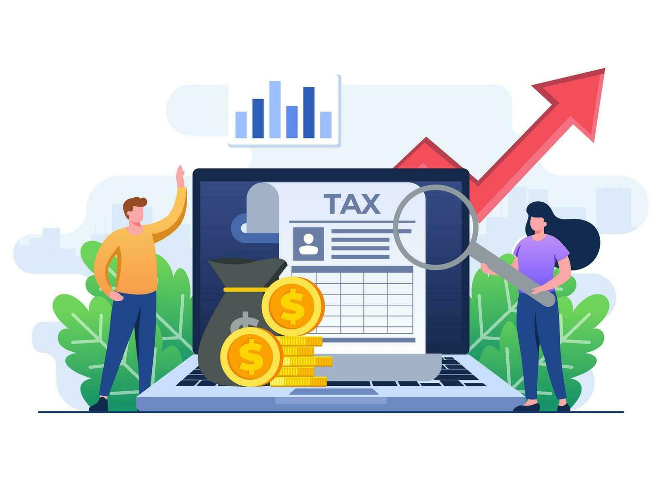 Online tax payment flat illustration vector template, Taxation, Paperwork, State taxes, Financial report and research, Calculation of tax return