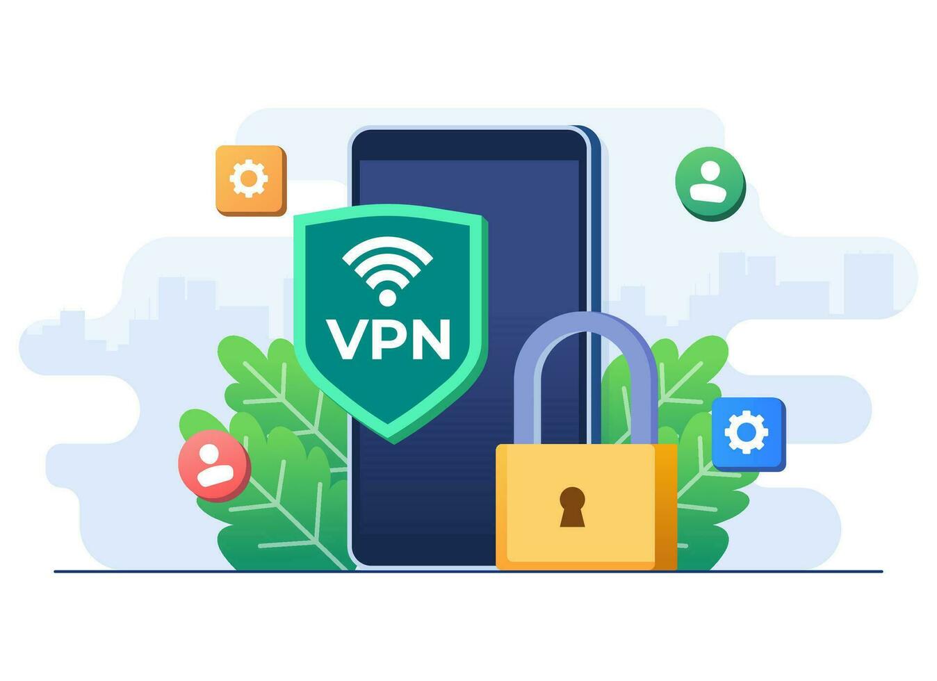 VPN to protect personal data in smartphone, Secure web traffic, Encrypted data transfer, VPN access, Virtual private network, Remote server, Secure router access, Safety on internet vector