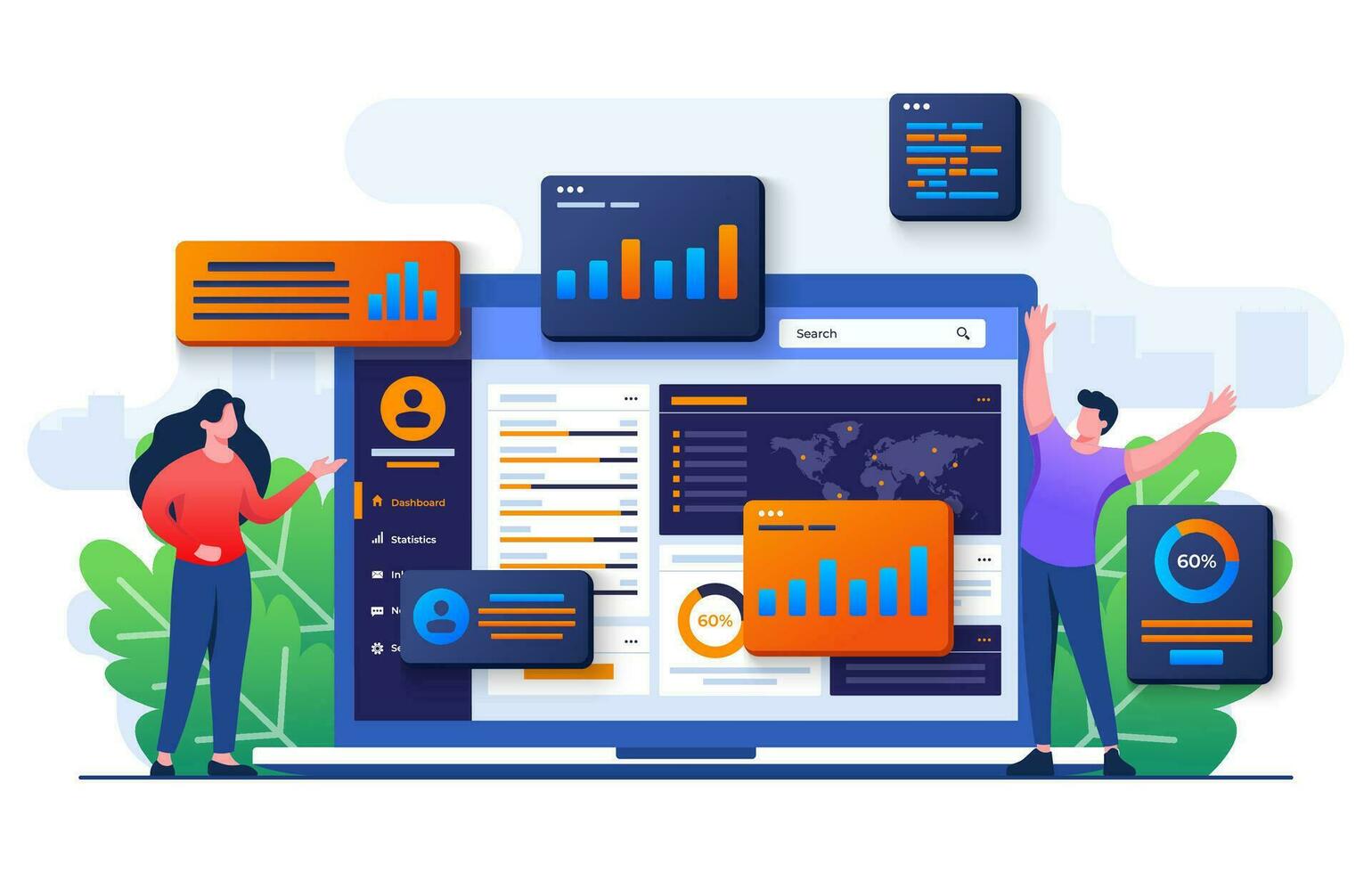 Two businesspeople analyzing data charts, graphs, and a dashboard on a laptop screen, SEO marketing advertising analytics vector illustration, Marketing analytics, Market research, Business Analysis