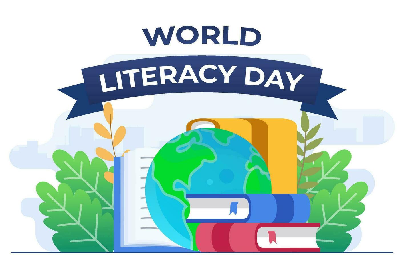 International Literacy Day flat vector illustration banner with books and globe, 8th September, Reading books, World Literacy Day celebration, Happy Literacy Day