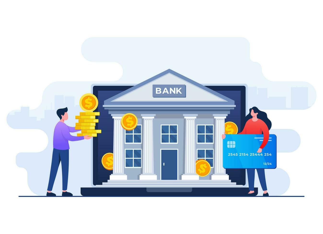 Online banking concept flat vector illustration template, Banking investment, Deposits, Loans, Exchanges, Money protection, Savings and finance, E-wallet, Digital banking