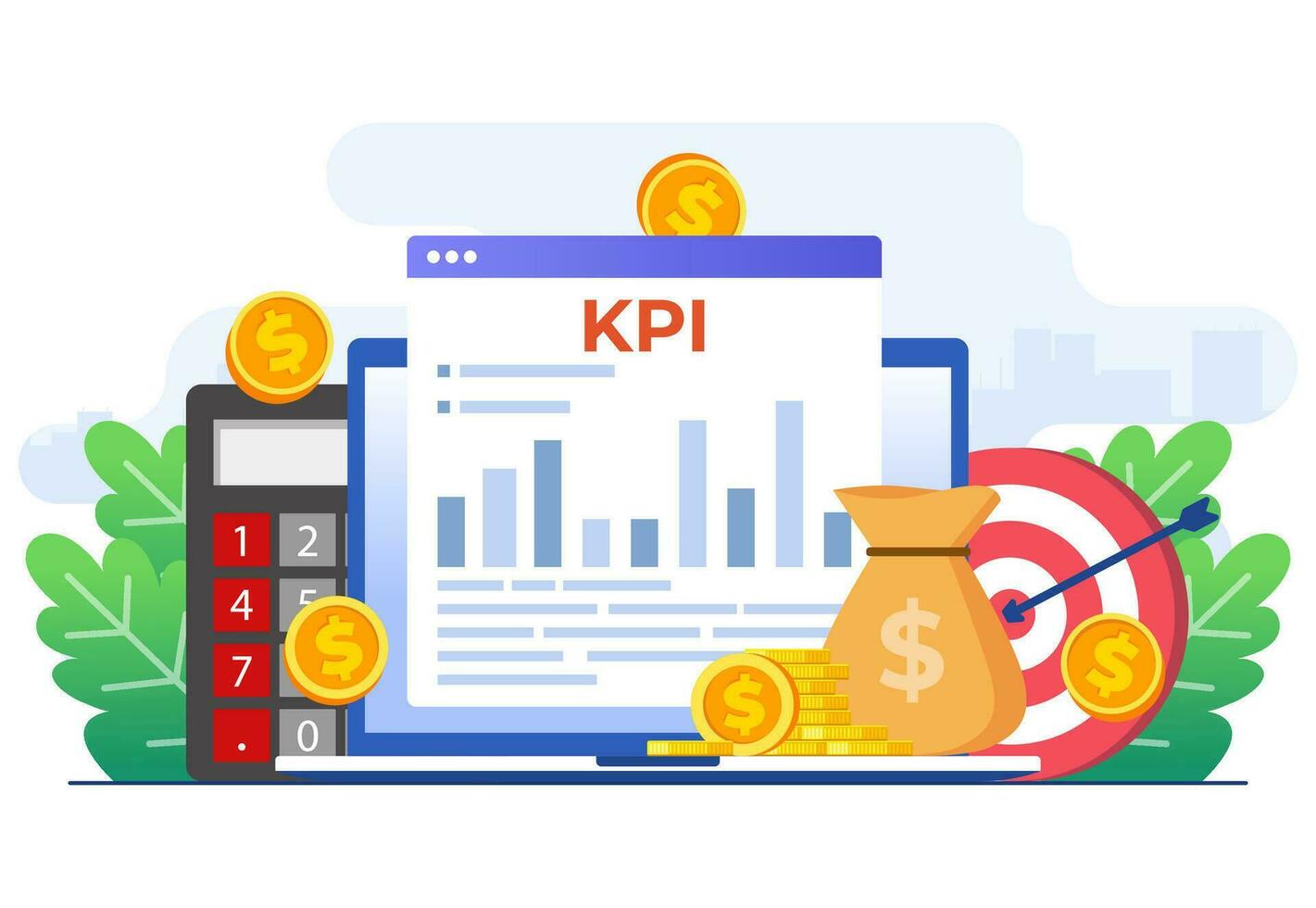 KPI, Key performance indicators business technical concept flat vector illustration, Performance evaluation and dynamics on dashboard, Strategy, Data Report, Efficient workflow, Business intelligence