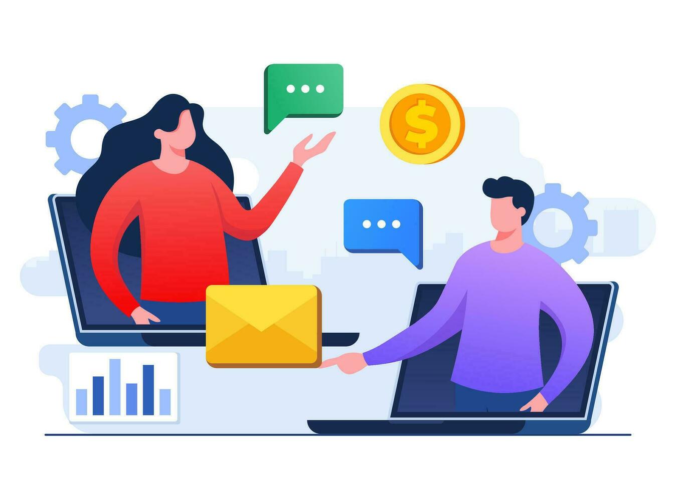Business people connecting online, Employees speaking on video calls on laptop, Video Conference, Team thinking and brainstorming, Remote working, Virtual meeting, Teleconference, vector