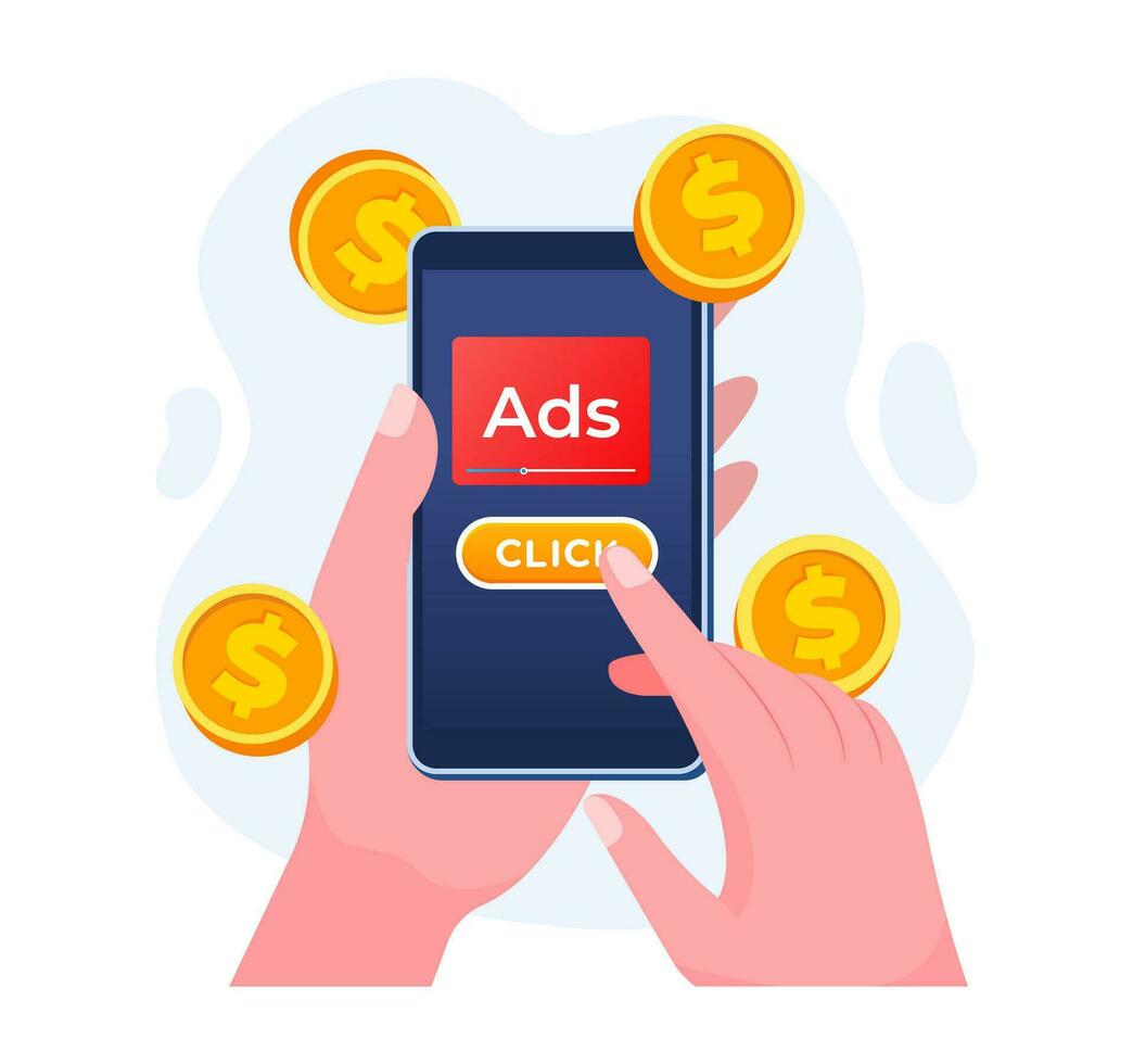 Paid advertising campaign display ads on hand holding smartphone with click button, Pay per click concept, PPC, Advertising or advertisement, Promoting brands to audience, Internet marketing concept vector