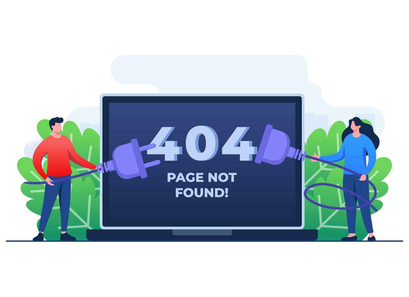 404 error, System error, Broken page, People trying to connect disconnected wires from the outlet, Cable and socket, Page not found concept flat illustration vector template for web design, website