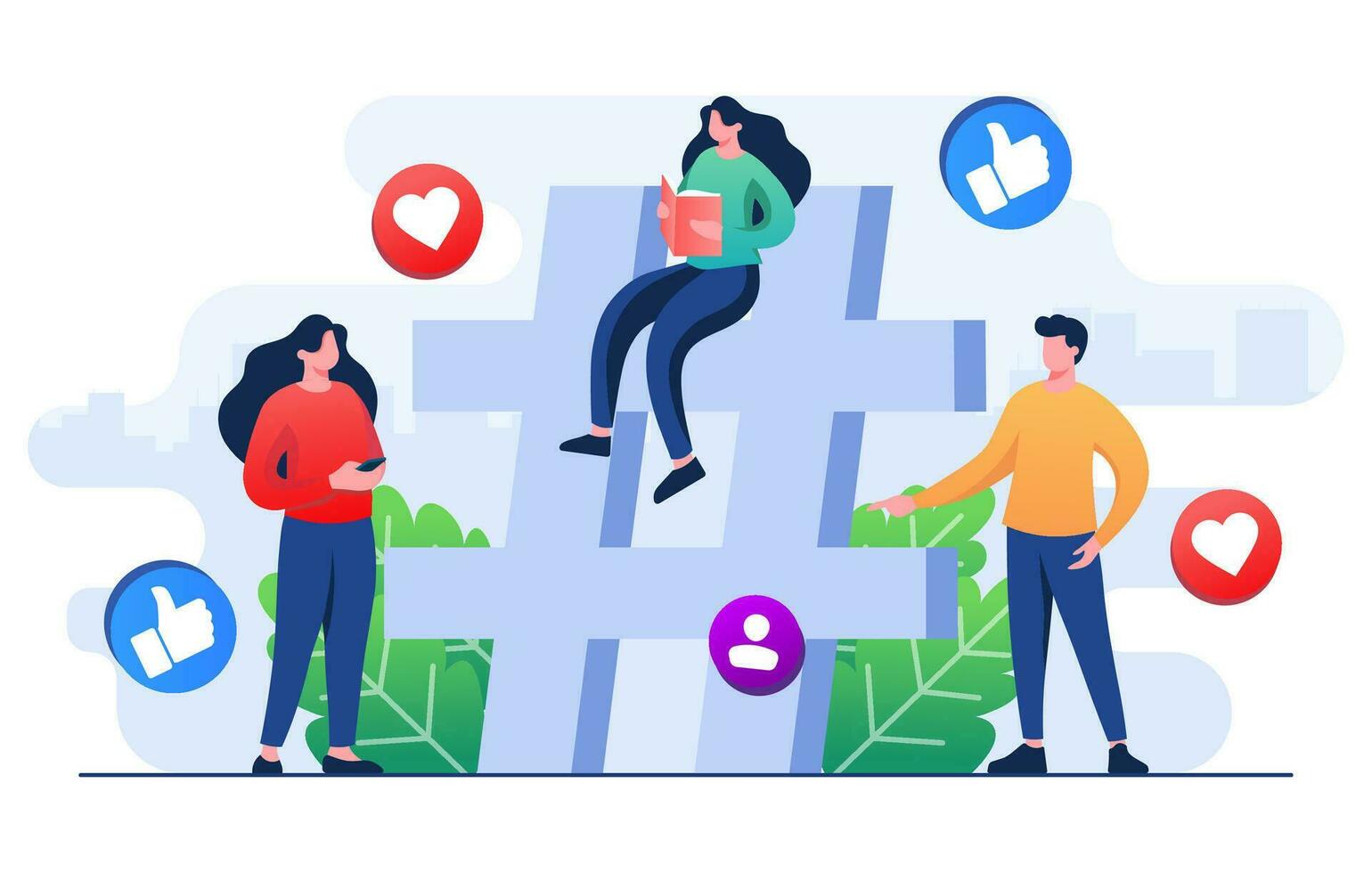 People near hashtag, Social media marketing, Blogging and planning promotion on social media networks. Digital technology and communication, Digital marketing strategy, hashtag marketing vector