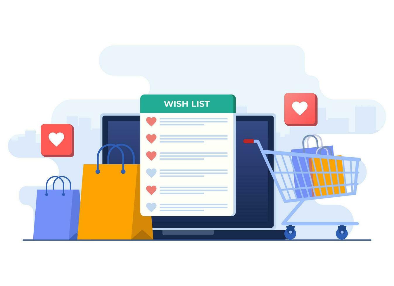 compras lista de deseos concepto plano ilustración vector plantilla, producto lista de deseos en línea, regalo y compras lista