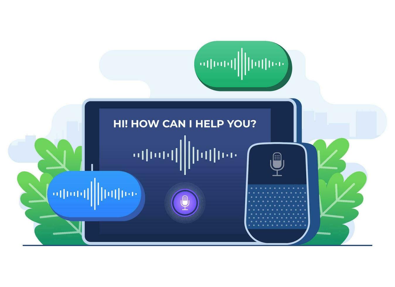 Smart voice assistant flat illustration vector template, Female character control home IOT system through wireless commands on speakers and microphone, Virtual assistant, Voice control on tab screen